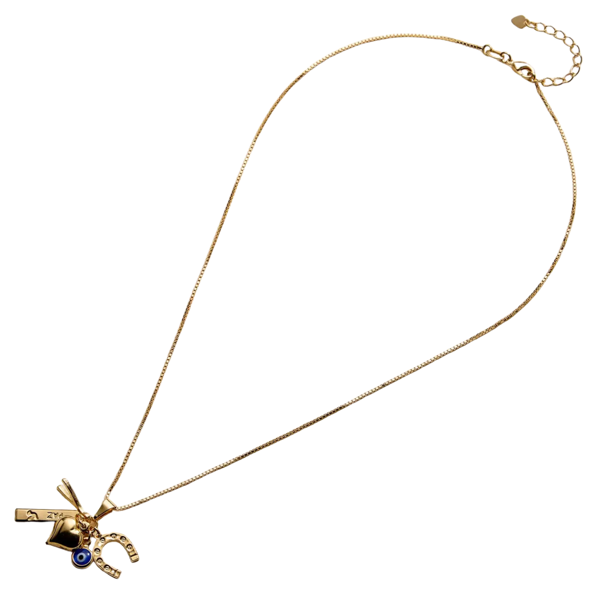 Gold Filled Charm Necklace – Heart, Horseshoe, Evil Eye & Wishbone Pendant