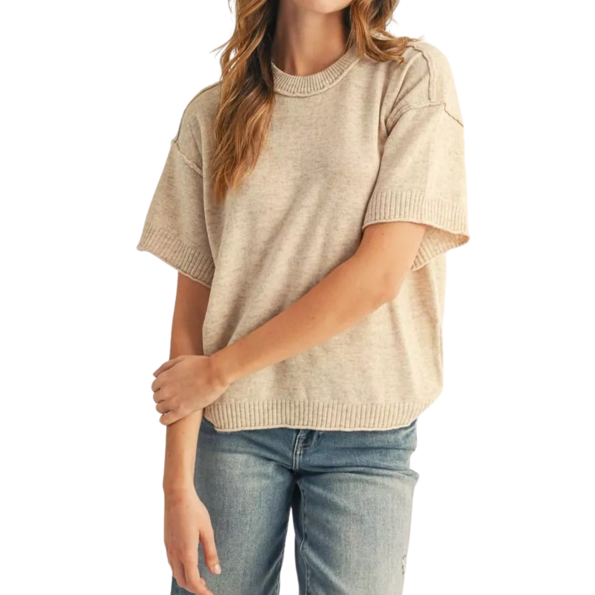 Neutral Knit Short Sleeve Sweater Top