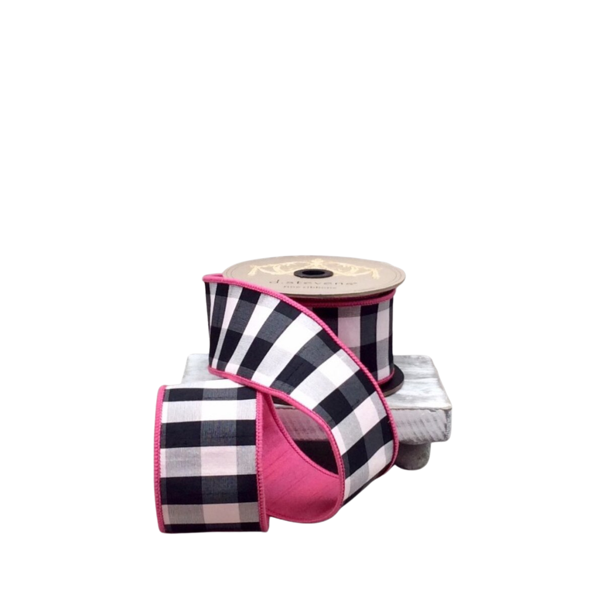 2.5" x 10yds Faux Dupion Check Ribbon | Black & White with Hot Pink Back