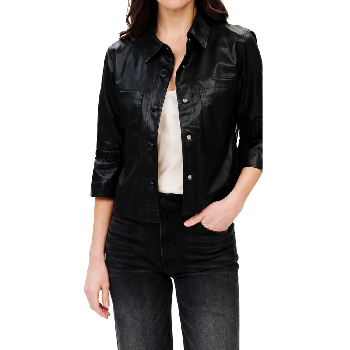 Black Faux Leather Flutter Sleeve Jacket