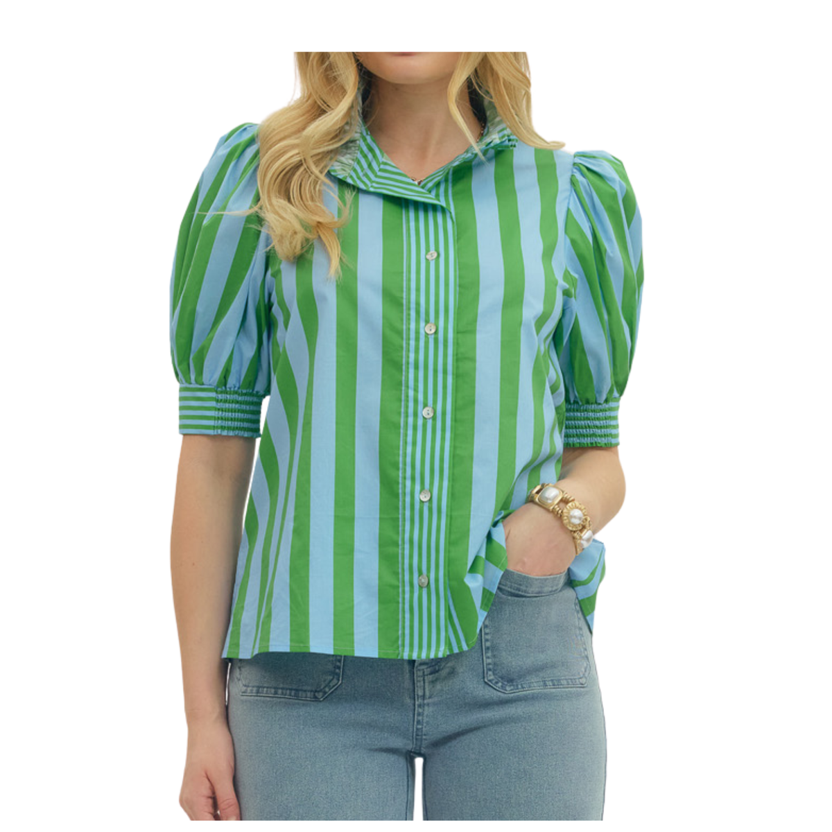 Green & Blue Stripe Puff Sleeve Blouse