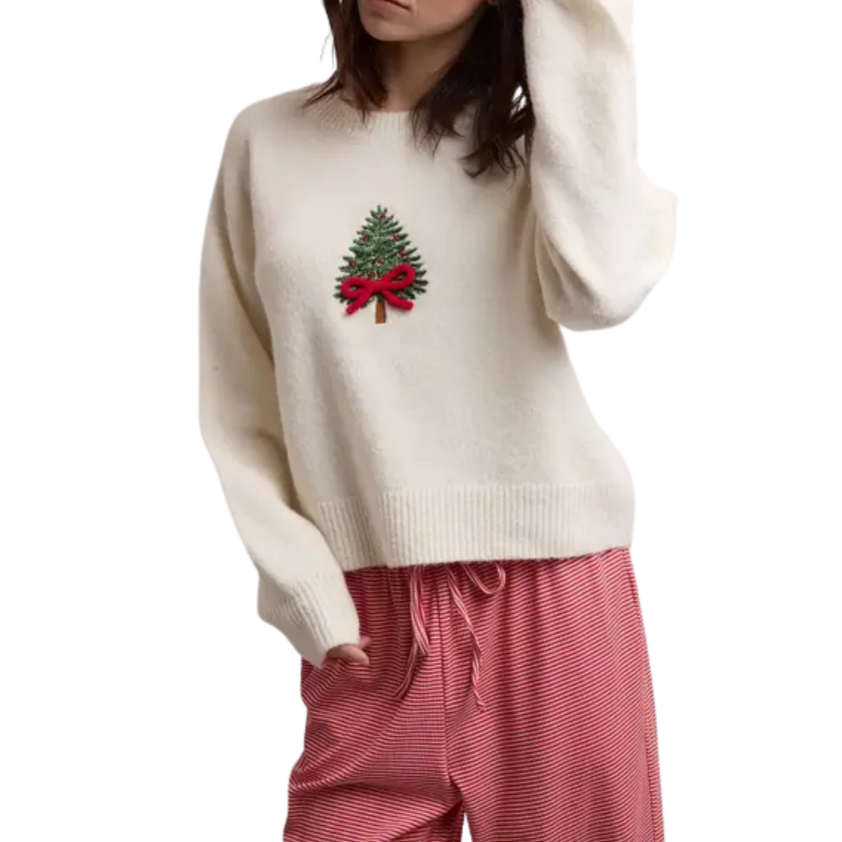 Bow Christmas Tree Embroidered Graphic Sweater- White