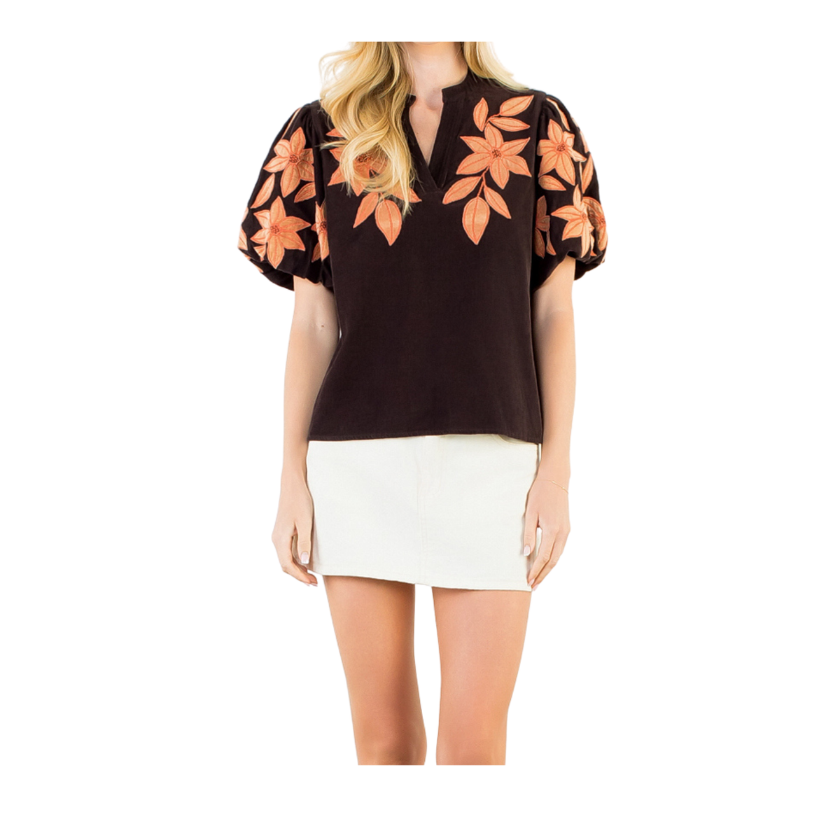 Embroidered Floral Puff Sleeve Top