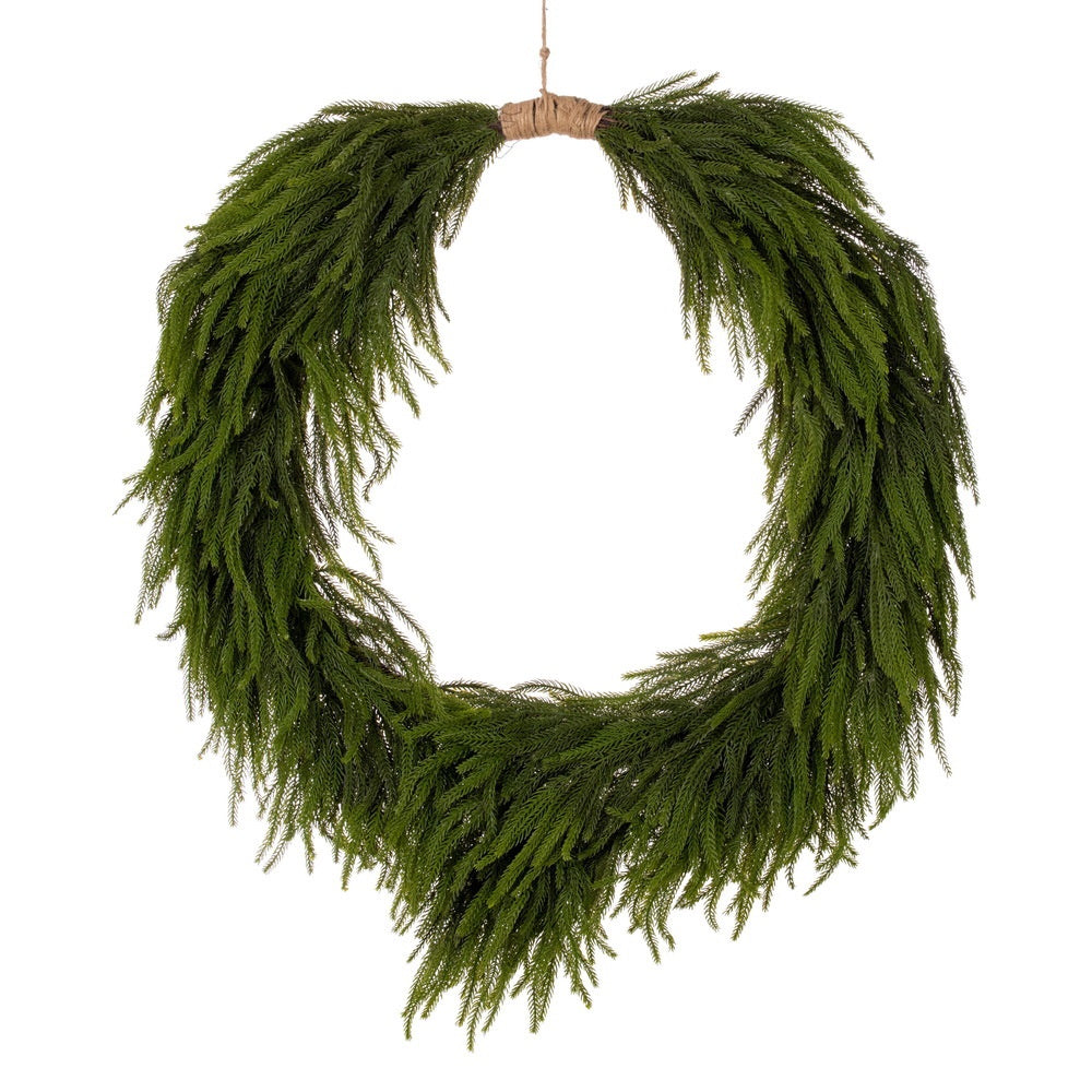 36" Green Norfolk Pine Heart Wreath Jute