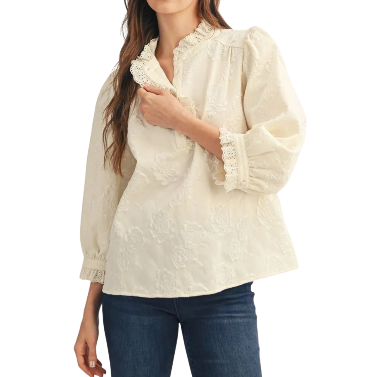Embroidered Lace Trim Blouse - Ivory