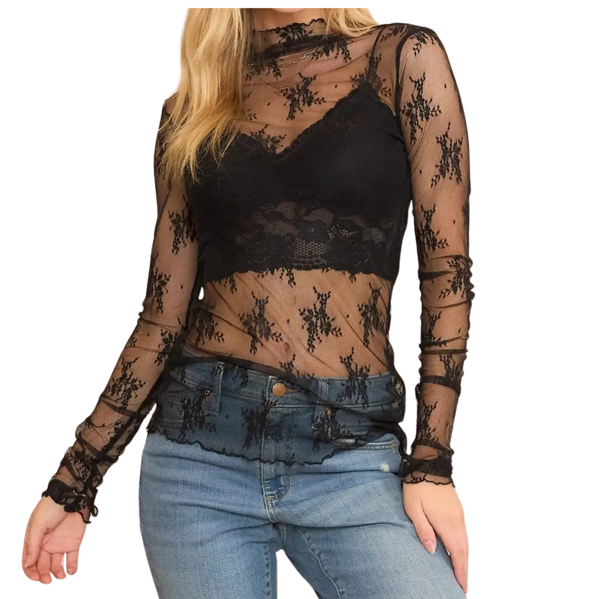 Mesh Lace High Neck Long Sleeve Fitted Top