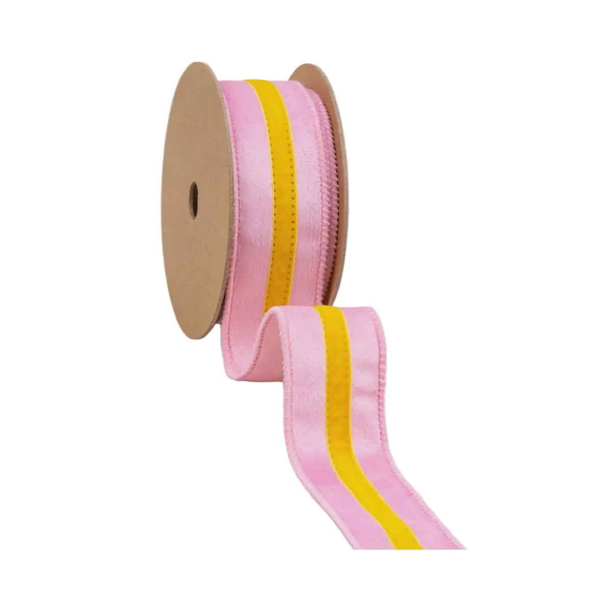1 1/2" Pink Velvet Wired Ribbon with Yellow Trim – 10 Yard Roll