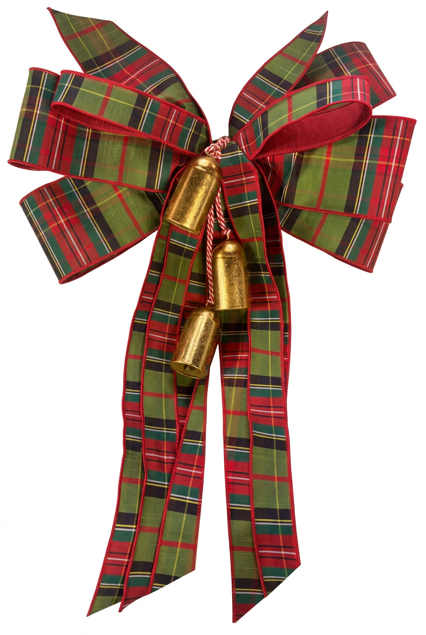 Green Plaid Bow with Gold Bells Approx. 24"L x 16"W