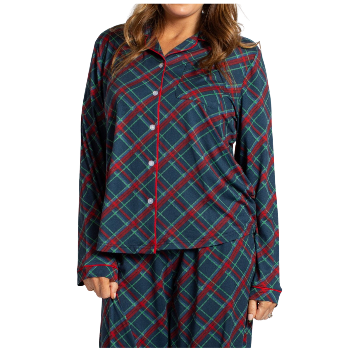 Plaid Long Sleeve Button Up Sleep Shirt & Pants