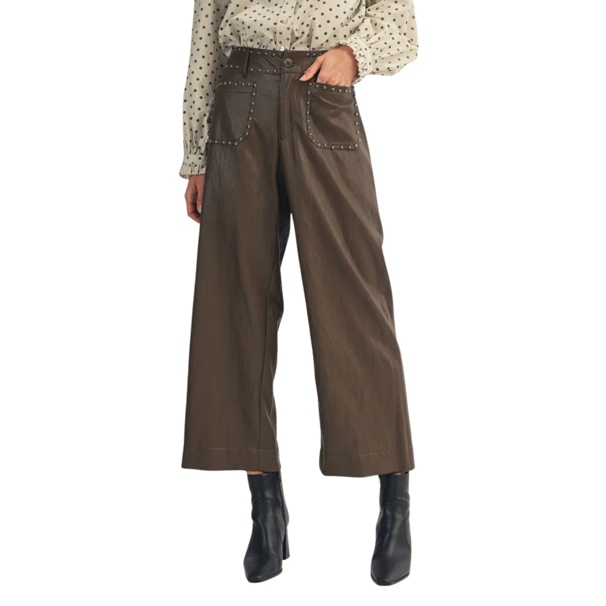Studded Faux Leather Wide Leg Pants – Brown