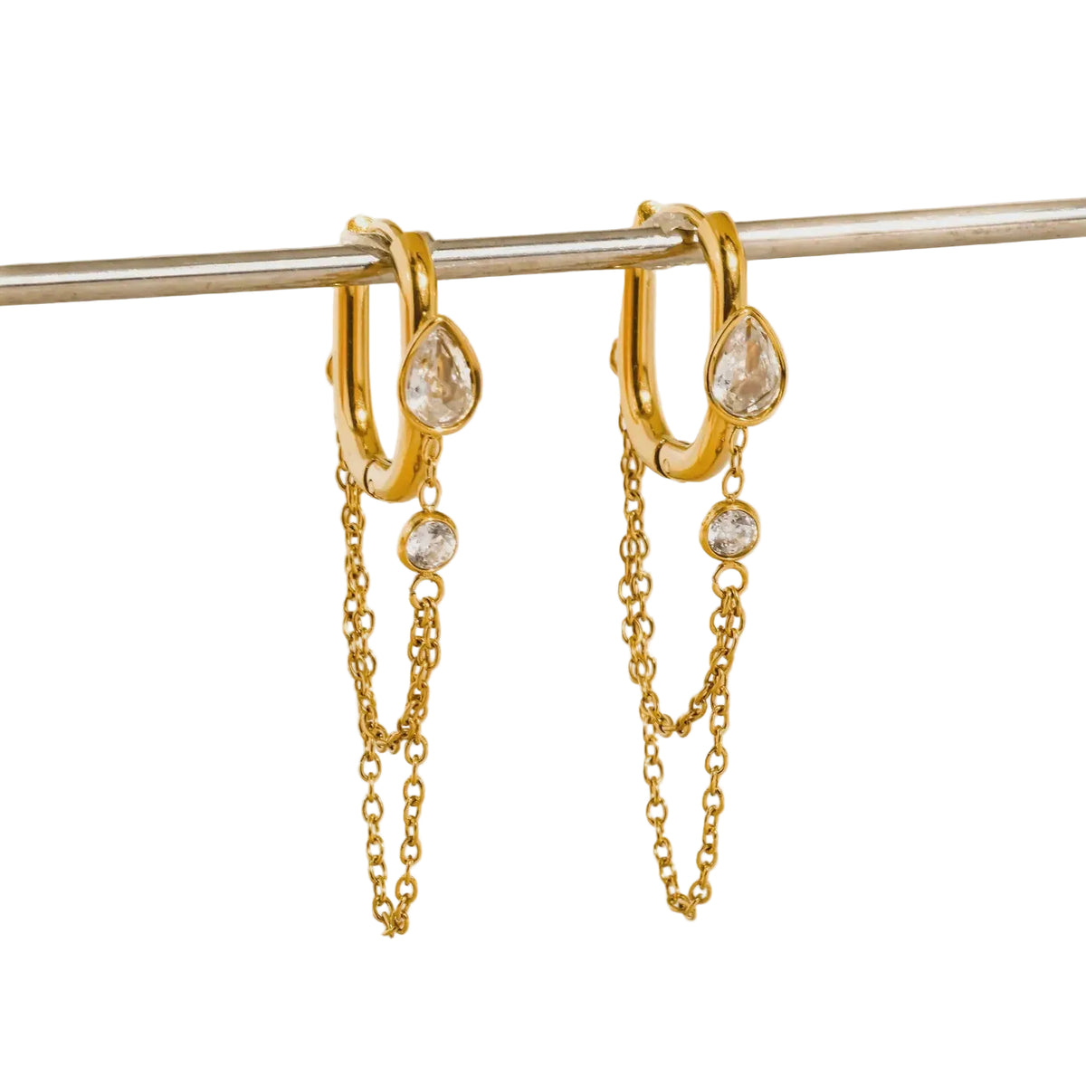 Elara 18K Gold Non-Tarnish CZ Chain Drop Huggie Earrings