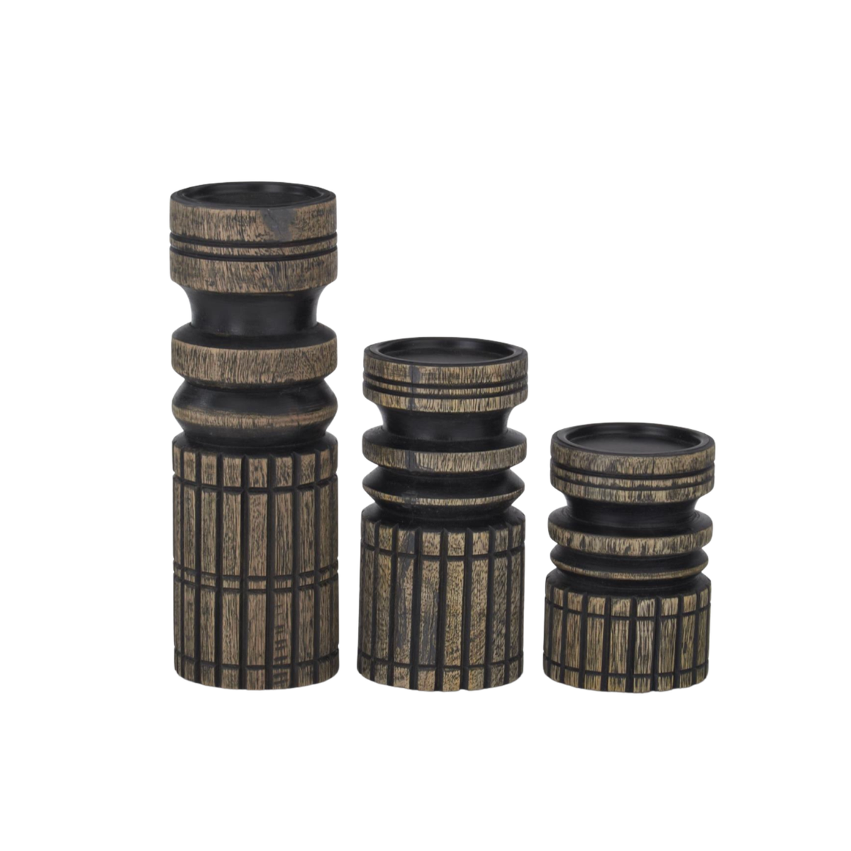 Black & Natural Carved Wood Candle Holder -3 Sizes