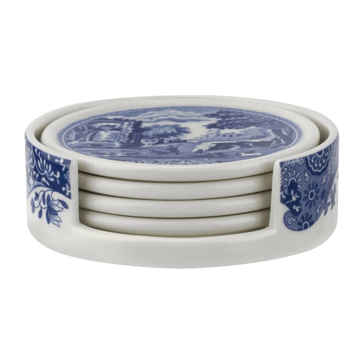 Blue Italian Ceramic Coaster Set with Holder – 4 Piece
