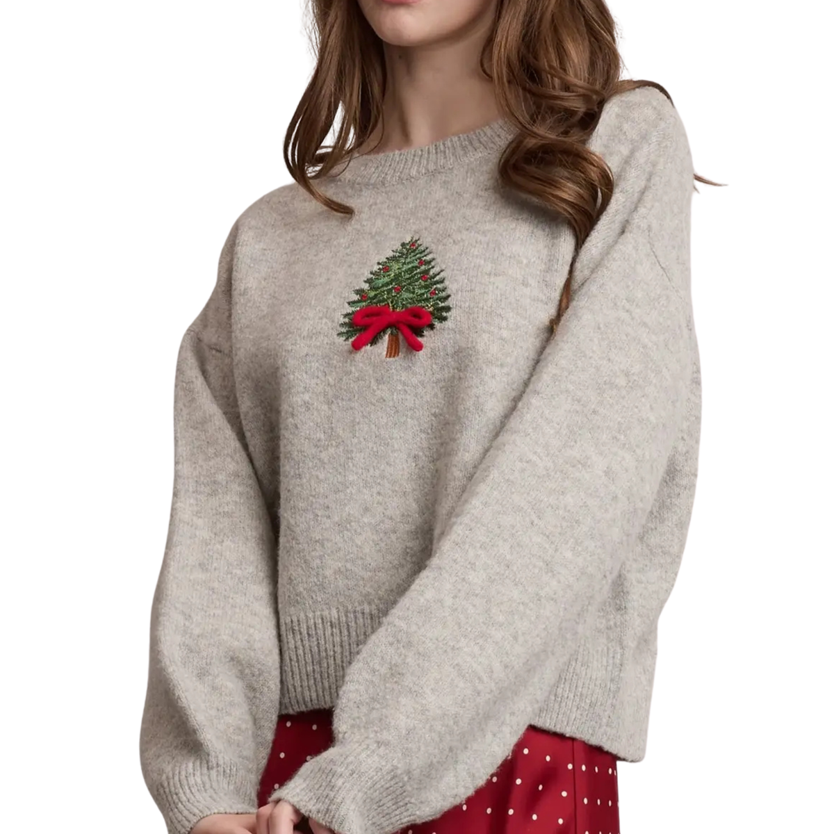 Bow Christmas Tree Embroidered Graphic Sweater