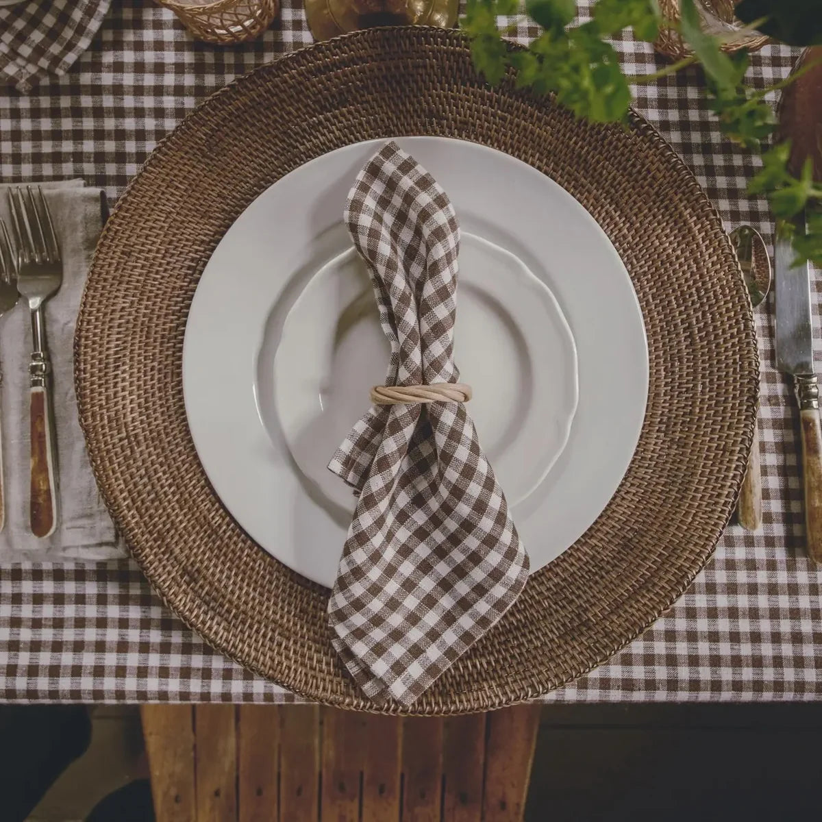 Mini Gingham Brown Linen Dinner Napkin