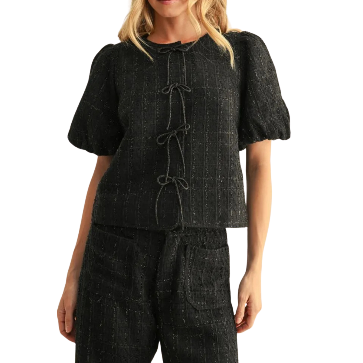 Textured Bow Front Blouse – Black