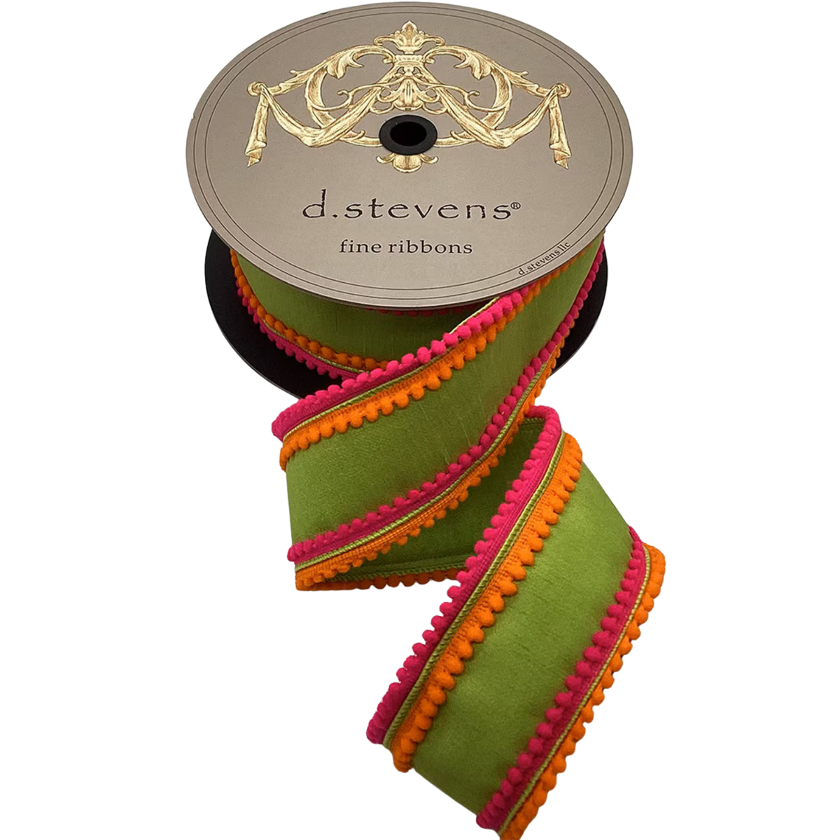 3" x 10yds Dupioni Lime & Orange Pom Pom Trim Ribbon