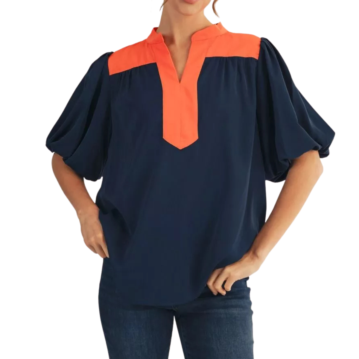 Navy & Coral Contrast Puff Sleeve Top