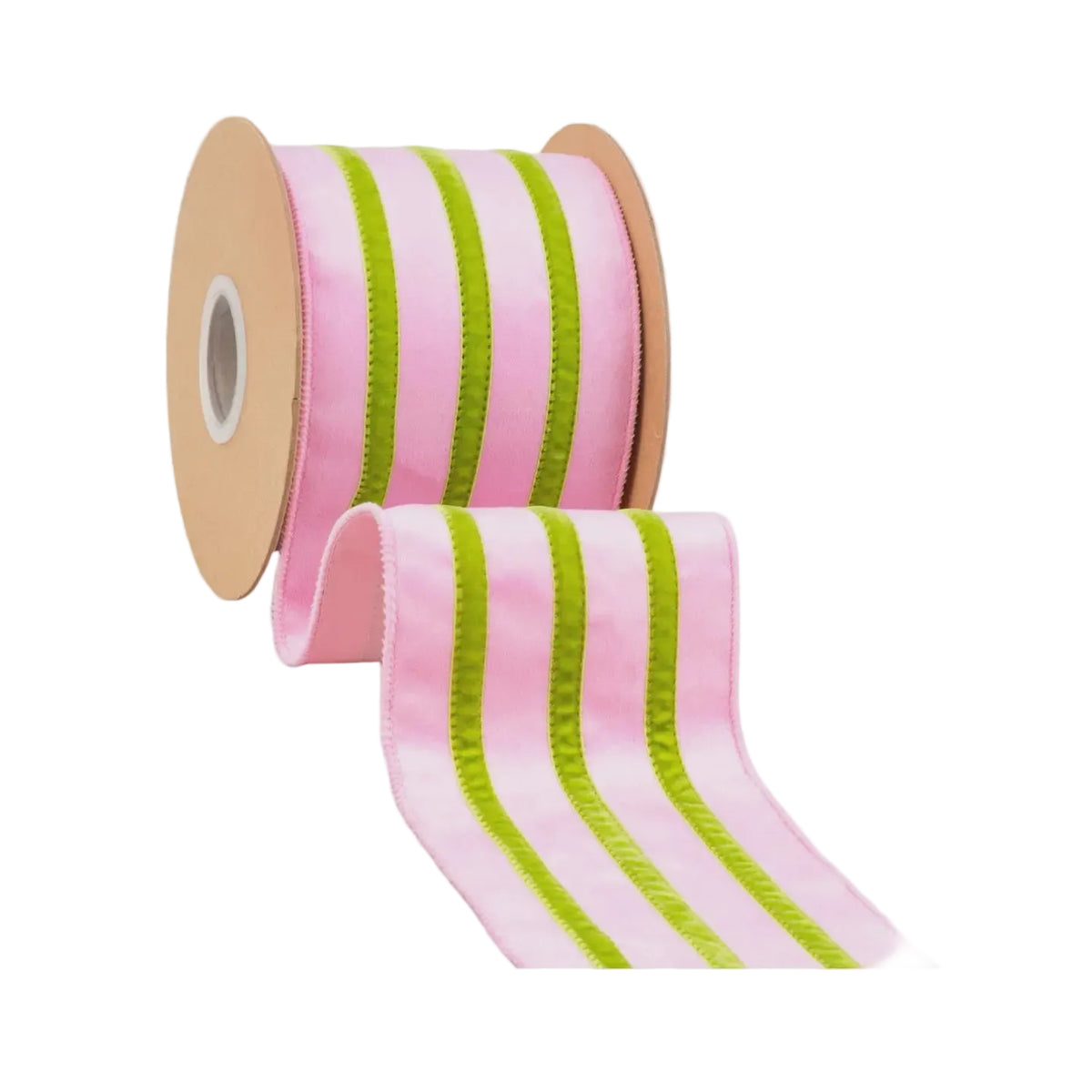 4" Wired Velvet Ribbon w/ Trim – Pink w/ Green Trim | 10 Yard Roll