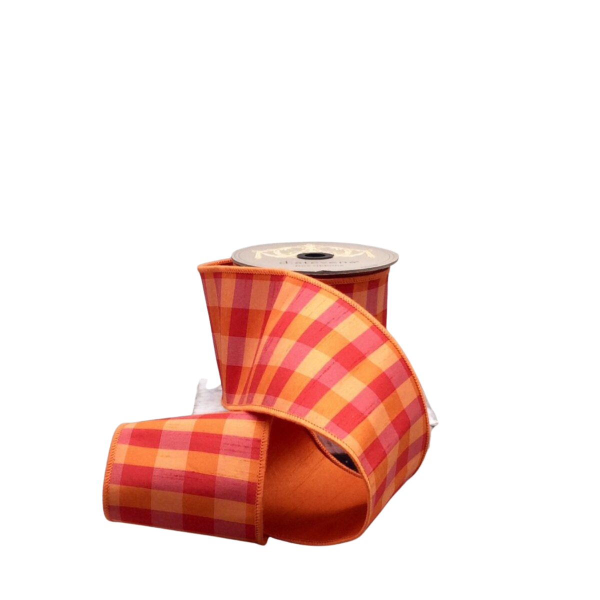 4" x 10yds Faux Dupion Check Ribbon | Orange & Red with Orange Back