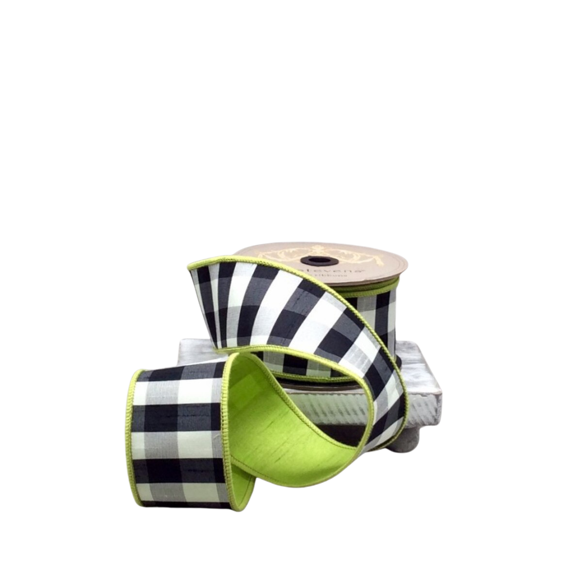 2.5" x 10yds Faux Dupion Check Ribbon | Black & White with Green Back