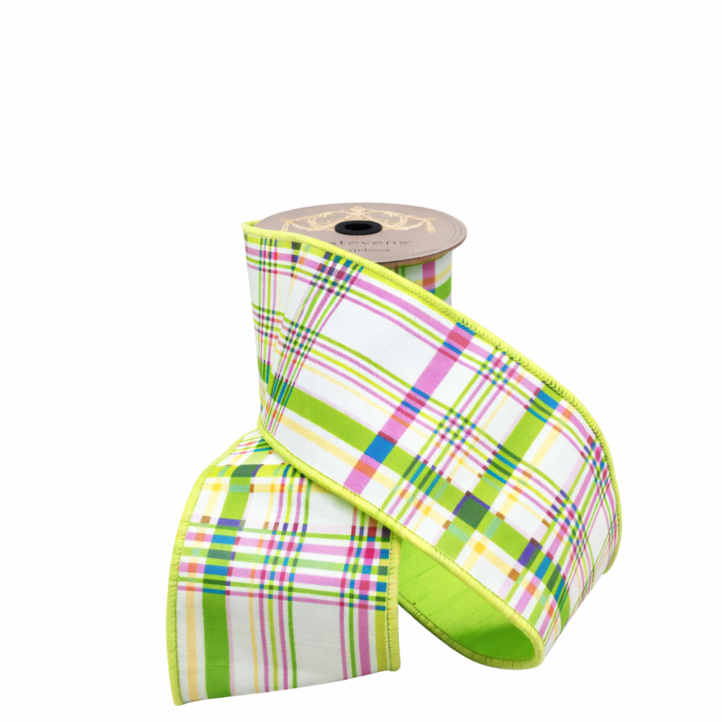 4" x 10yds Poplin Colorful Plaid Ribbon | Blue, Pink & Green