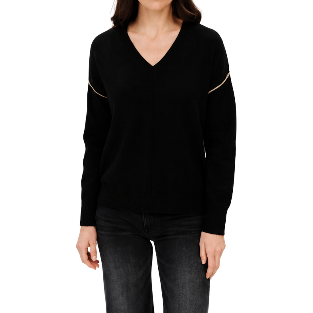 Fiore | V-Neck Exposed Seam Sweater - Black and Camel