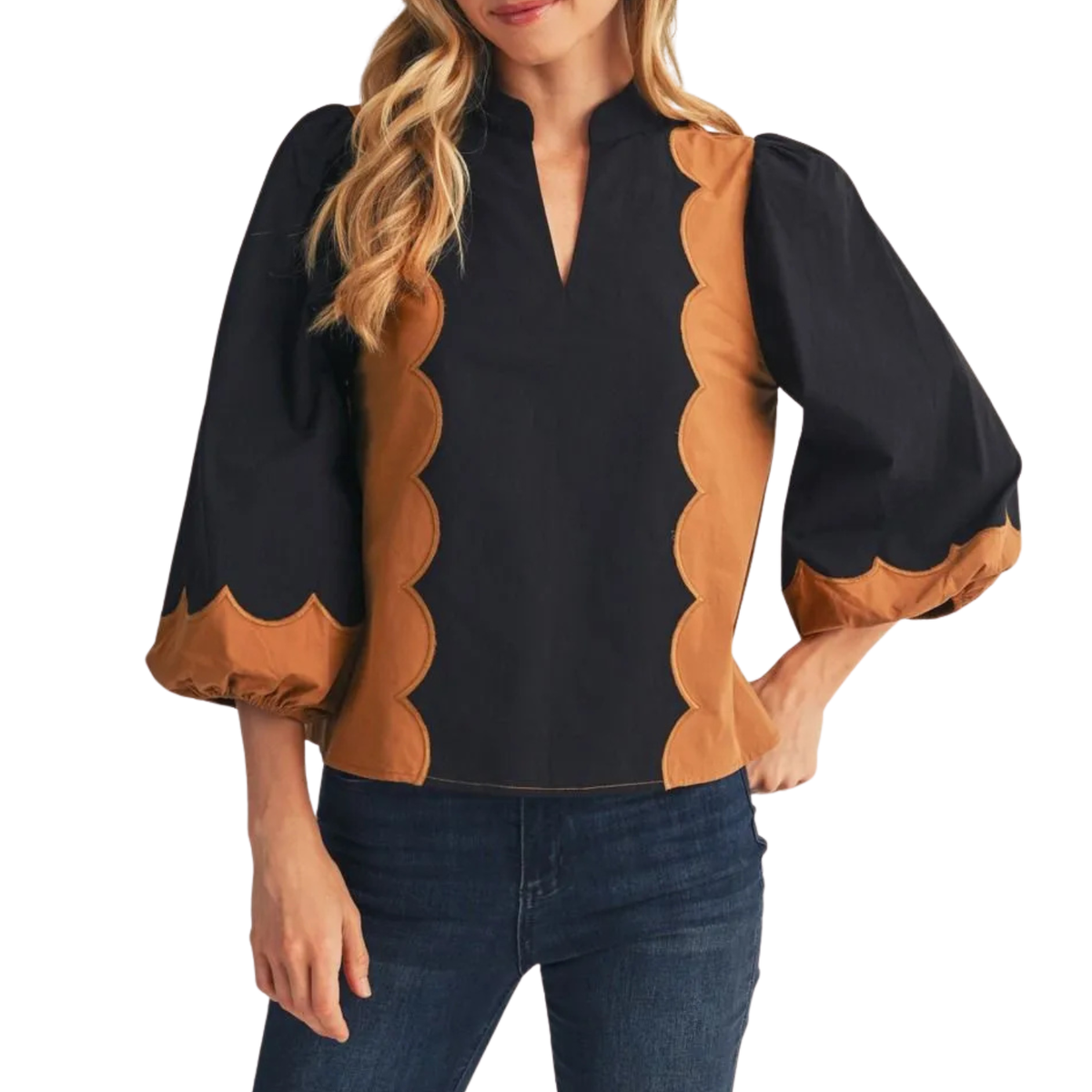 Scalloped Contrast Blouse - Black/Camel