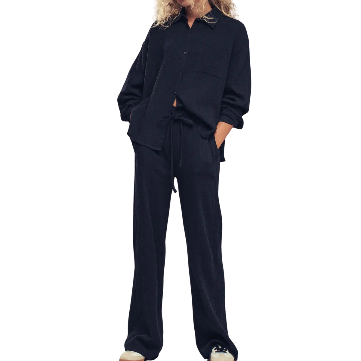 Textured Cotton Gauze Lounge Set - Black