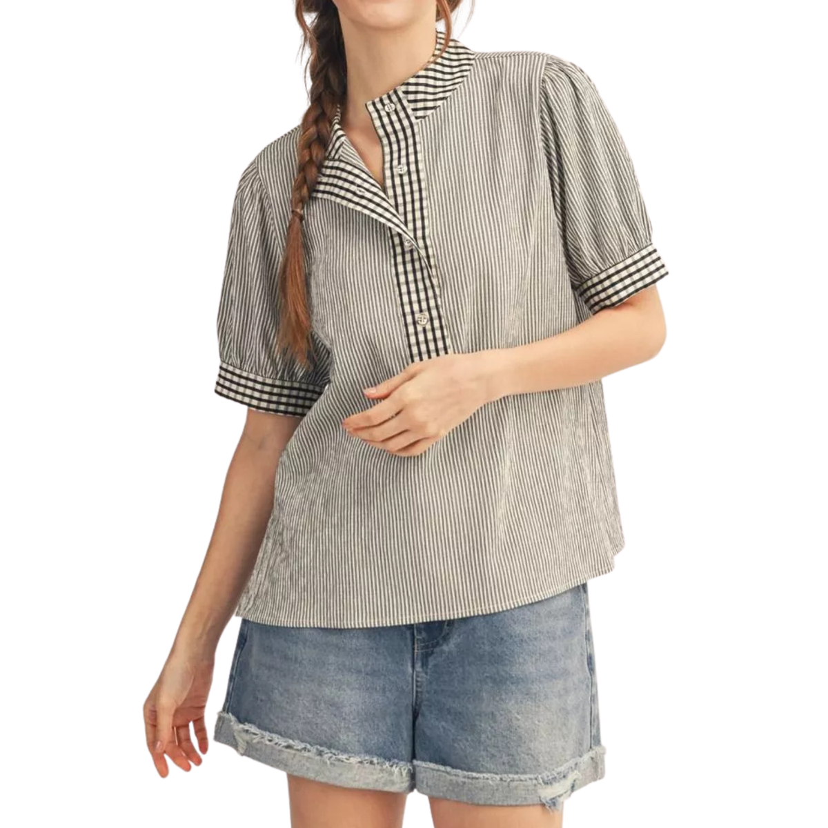 Black & White Mixed Stripe Button Top