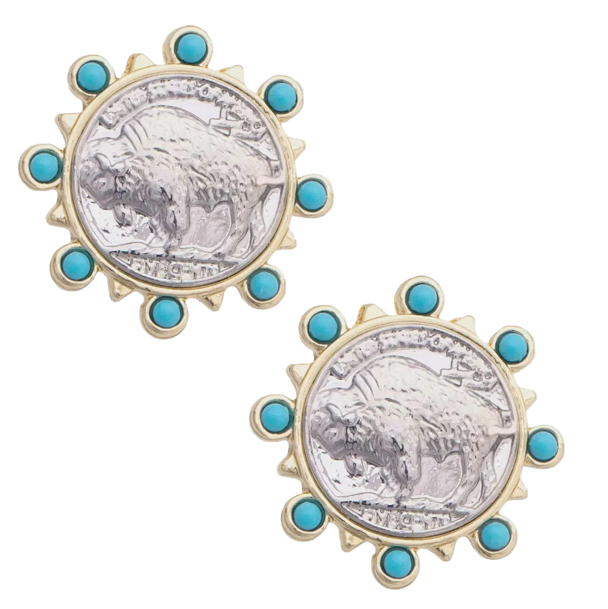 Buffalo Coin Stud Earrings in Silver & Turquoise