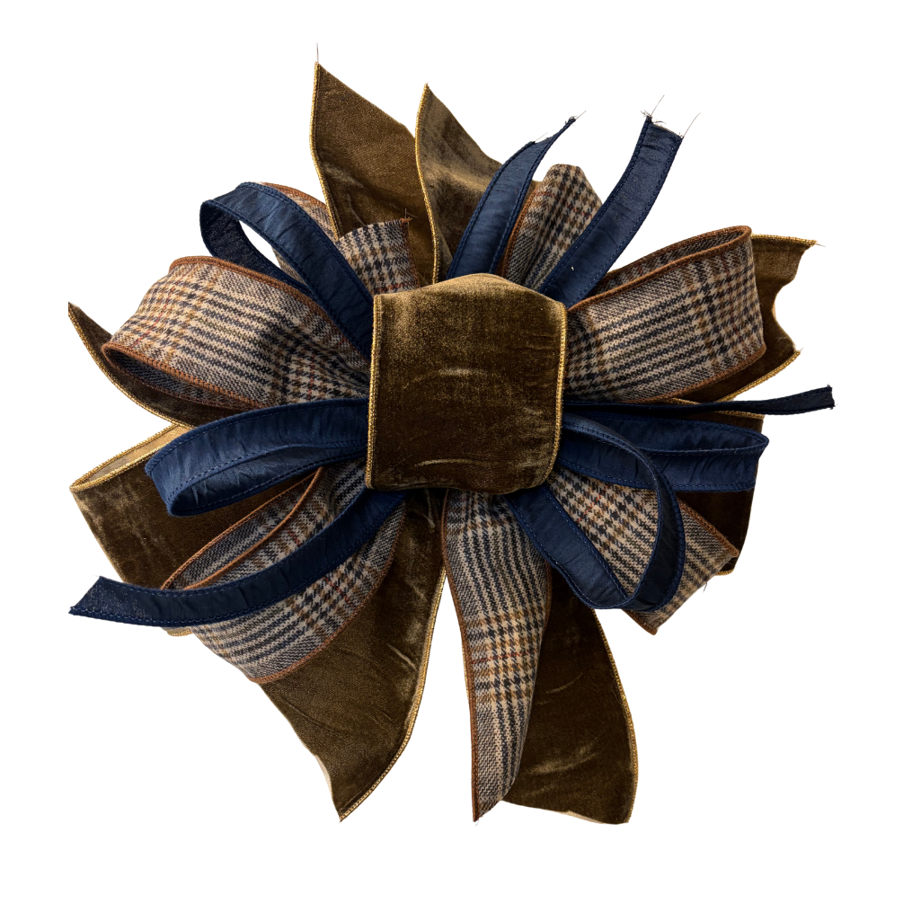 Brown, Plaid Navy Bow Approx. 17" Long x 17" Wide