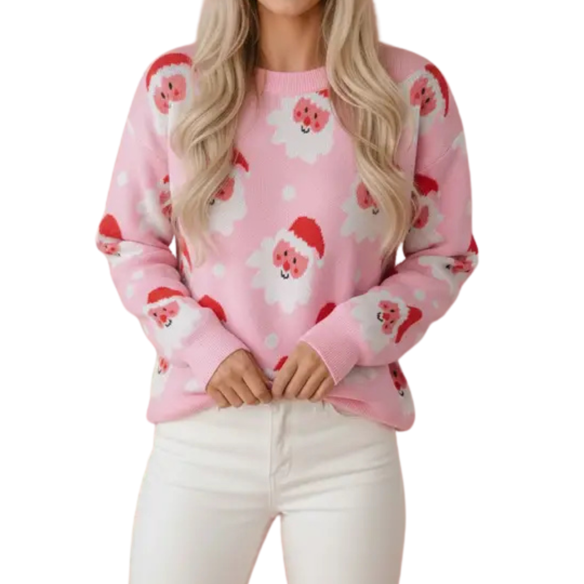 Santa Ribbed Trim Long Sleeve Christmas Sweater