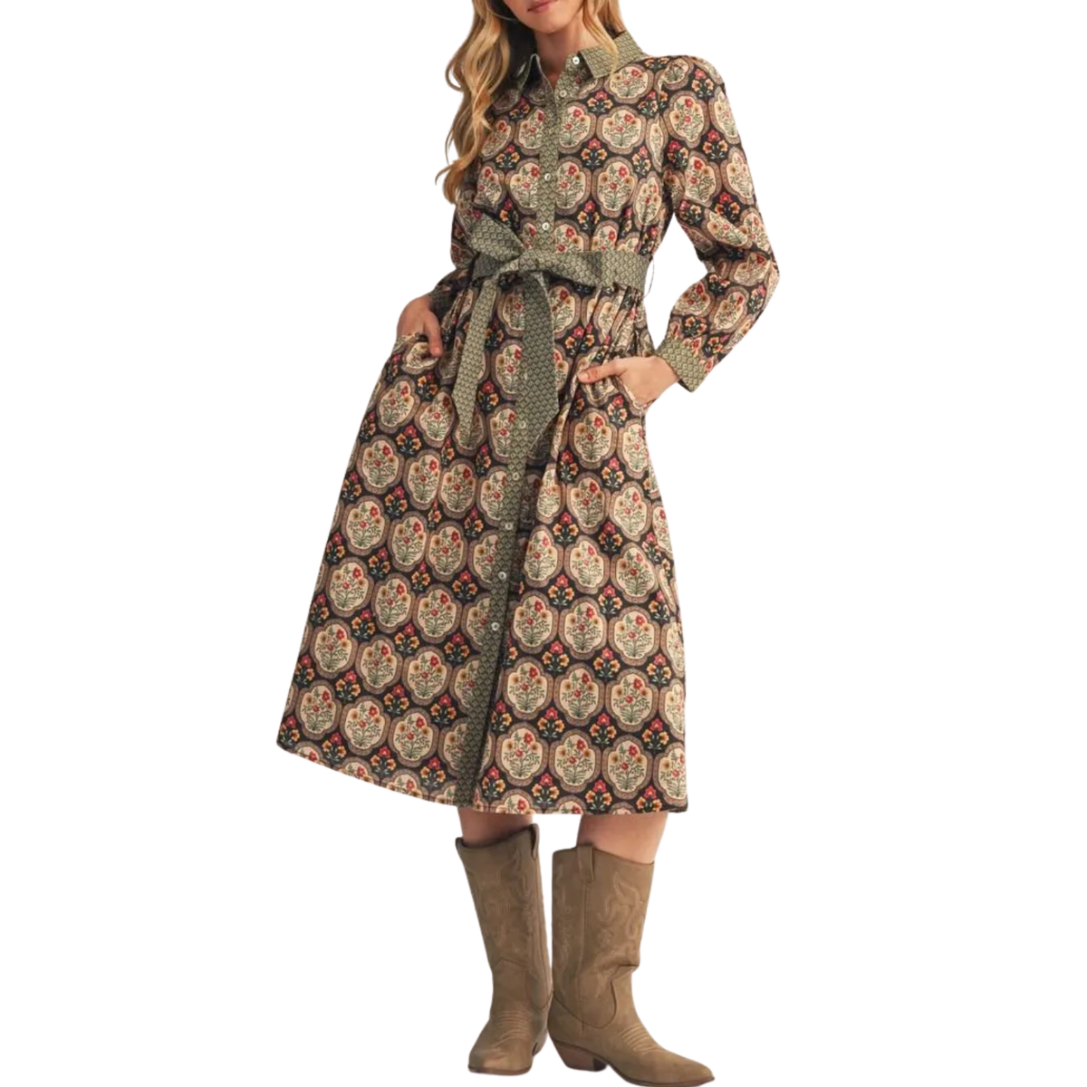 Vintage Floral Belted Midi Dress