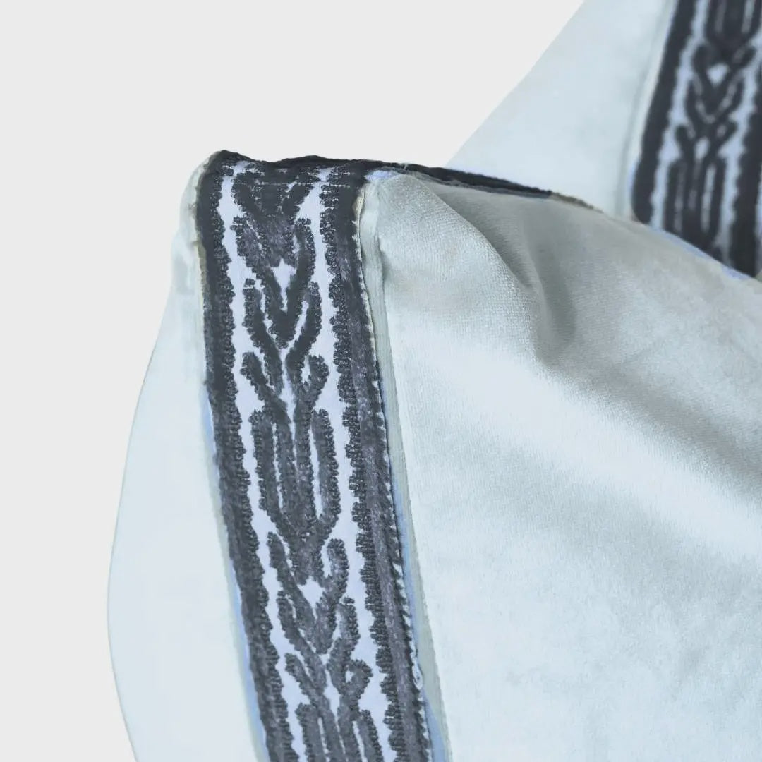 Light Blue Velvet Pillow with Navy Embroidery