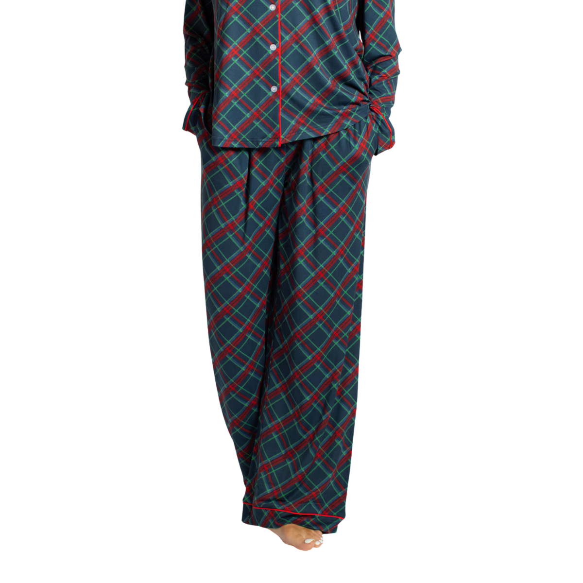 Plaid Long Sleeve Button Up Sleep Shirt & Pants