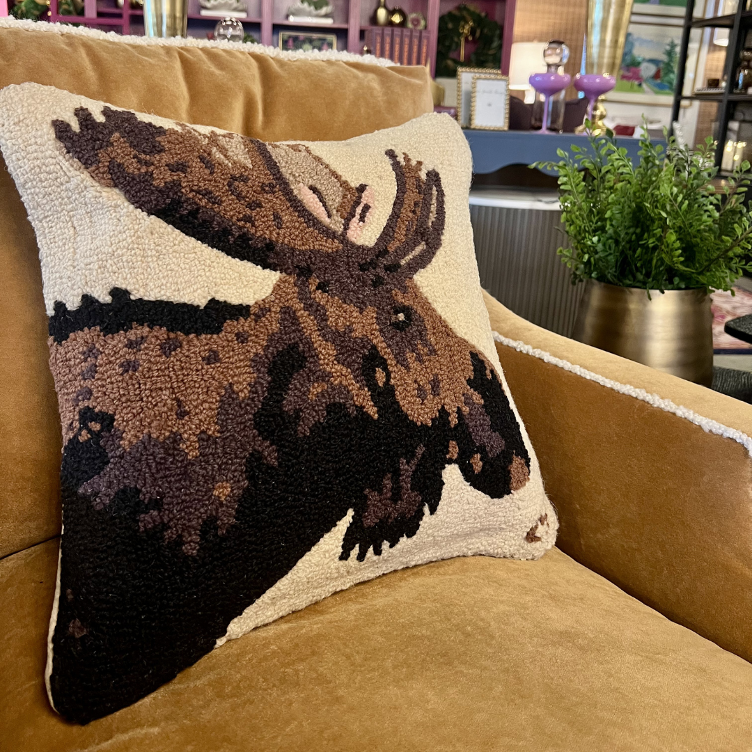 Major Moose Hooked Pillow 18" x 18"