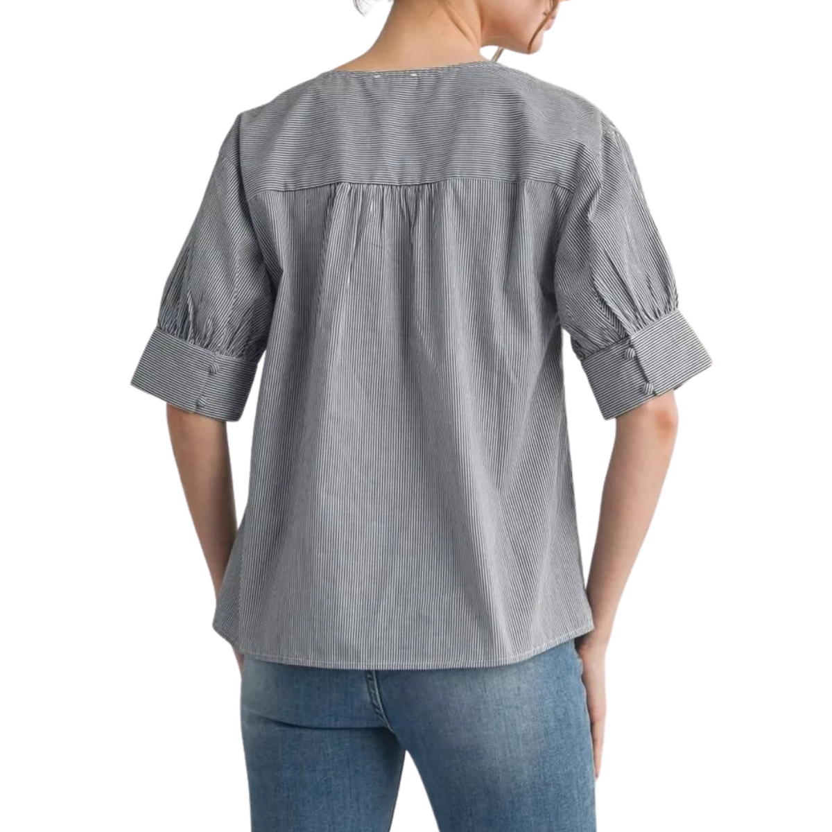 Grey Pinstripe Puff Sleeve Top