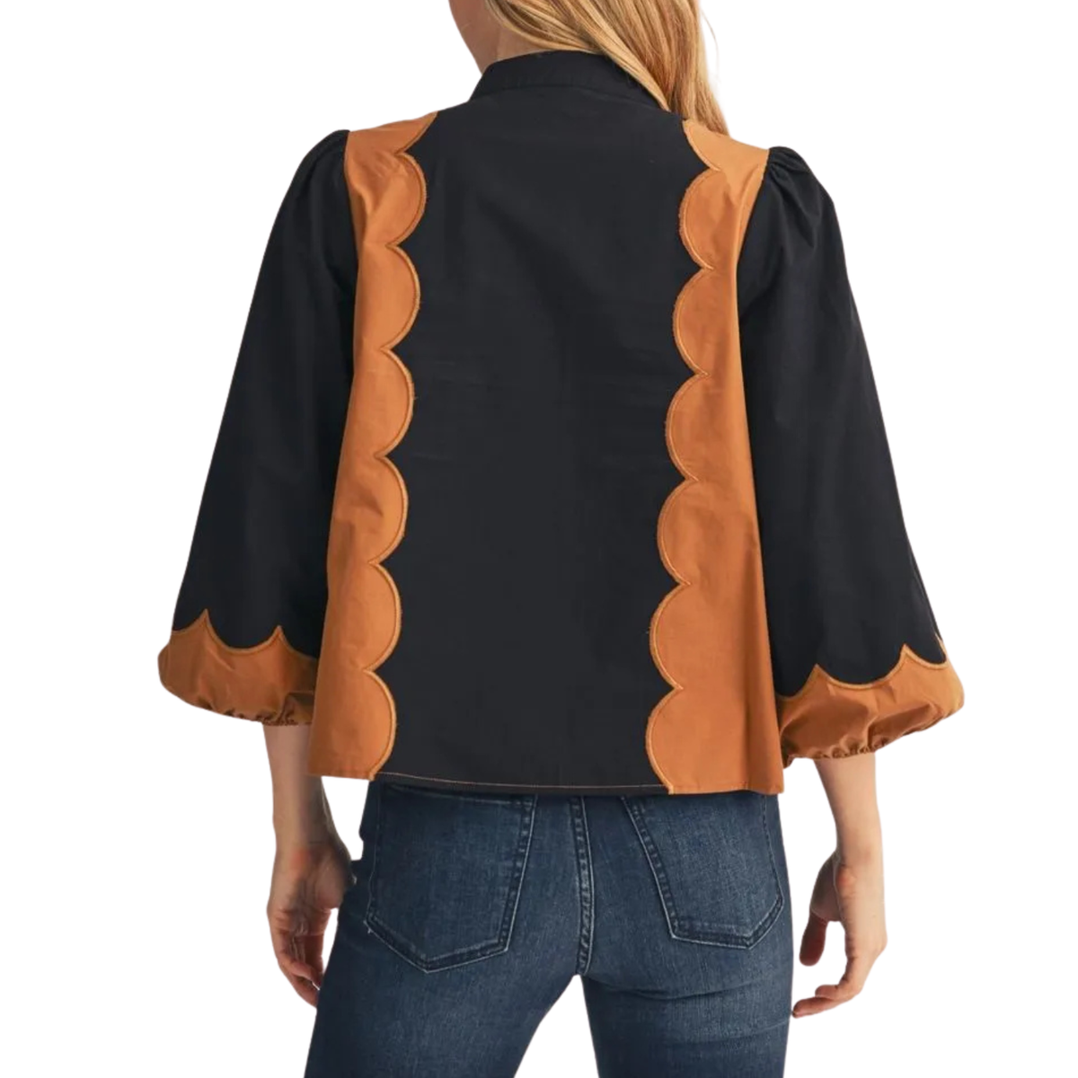 Scalloped Contrast Blouse - Black/Camel