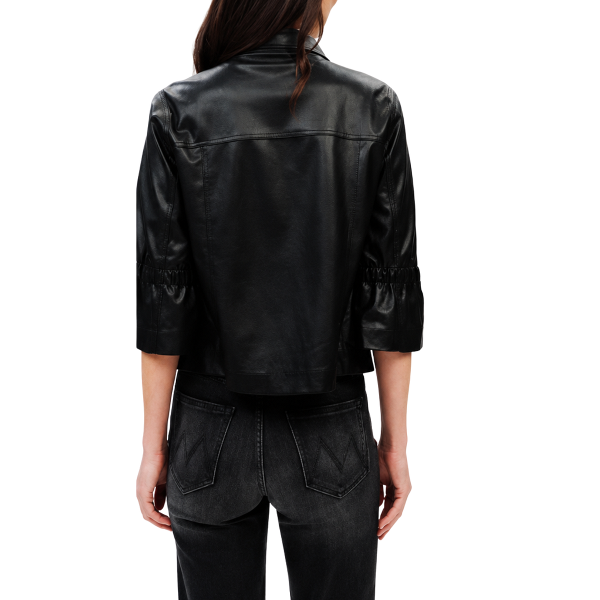 Black Faux Leather Flutter Sleeve Jacket