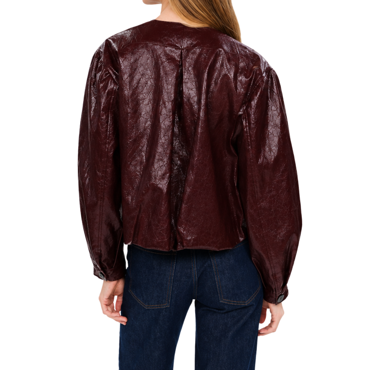 EMILIA | Round Neck Faux Textured Leather Bomber Jacket