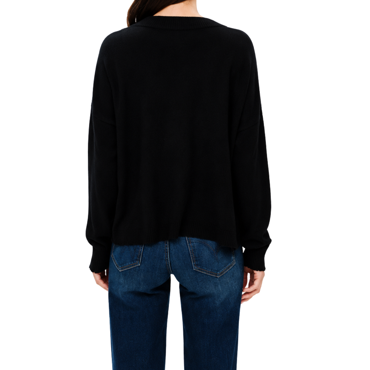V-Neck Frayed Trim Sweater - Black