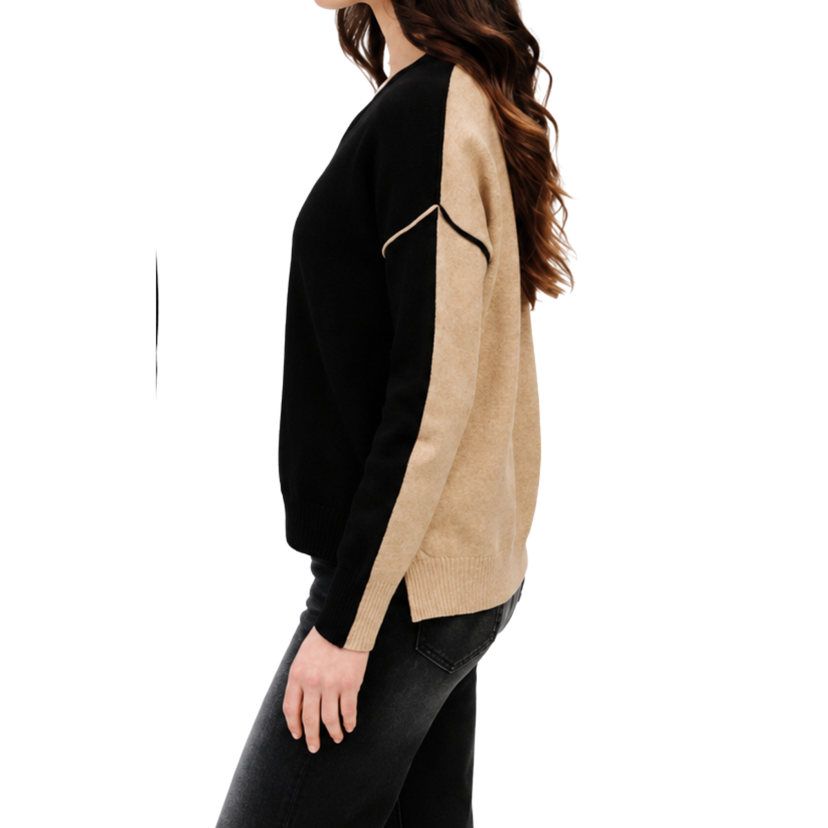 Fiore | V-Neck Exposed Seam Sweater - Black and Camel