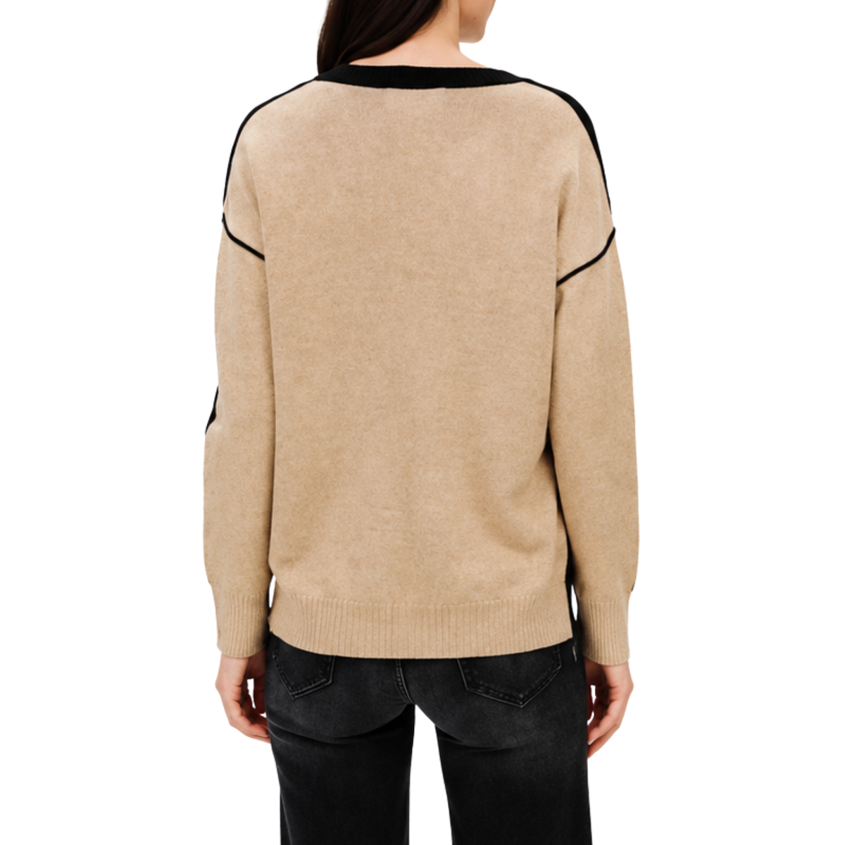 Fiore | V-Neck Exposed Seam Sweater - Black and Camel