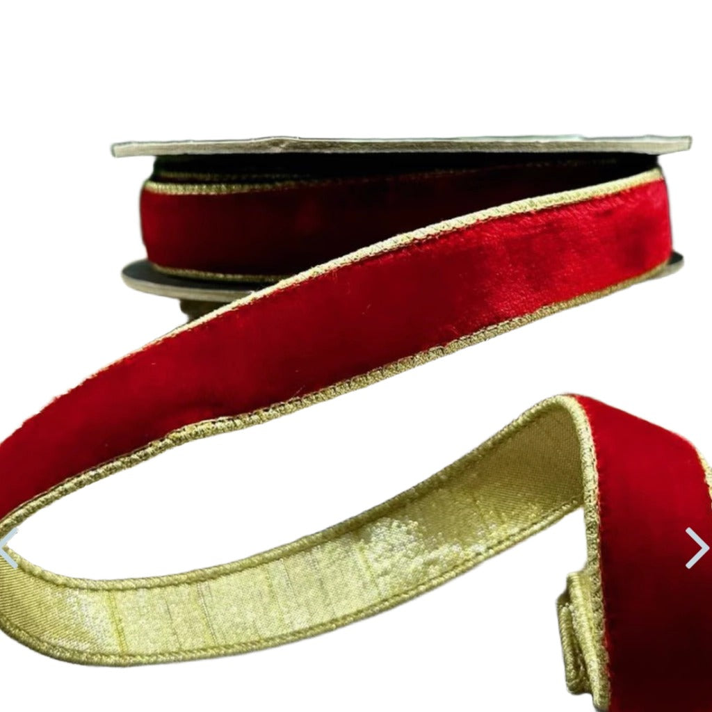 1" Lush Velvet Ribbon – Red with Gold Backing | 10 Yards