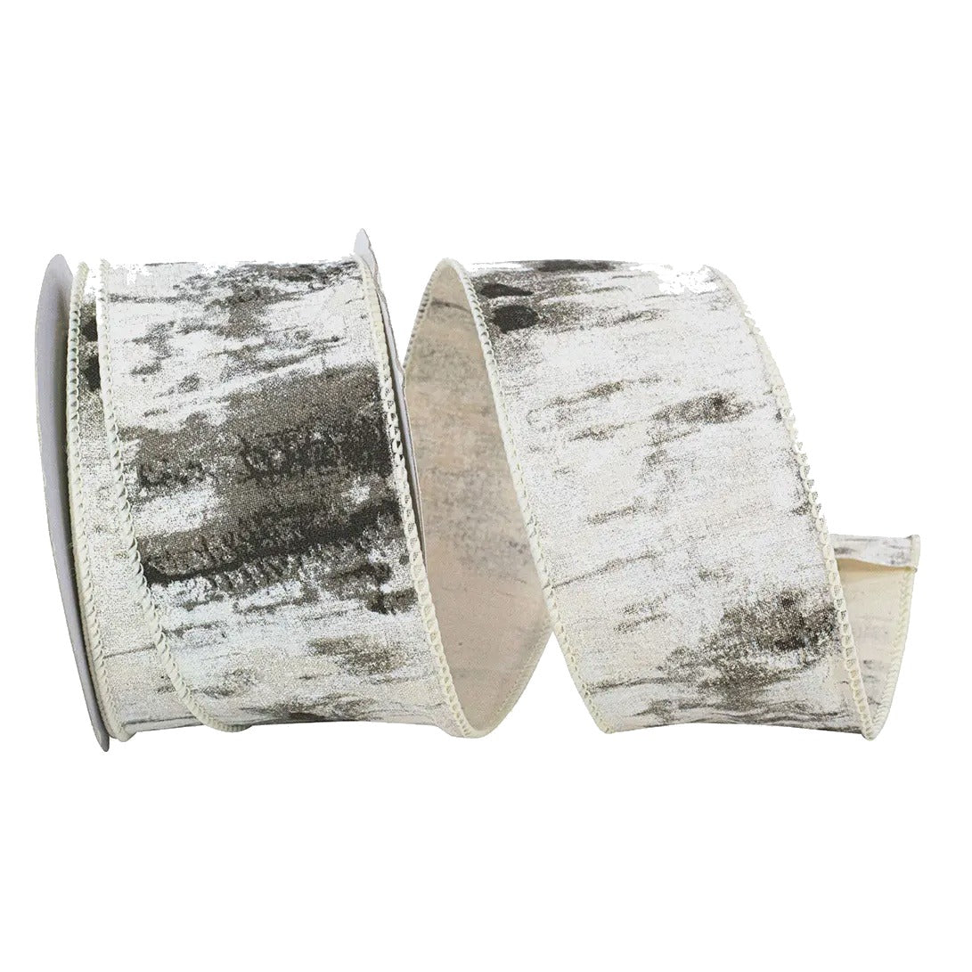 2.5" Birch Bark Wired Edge Ribbon – White