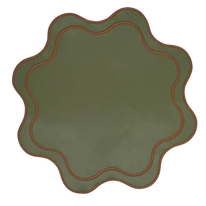 Haven Dark Green Brown Trim Wavy Edge Faux Leather Placemat