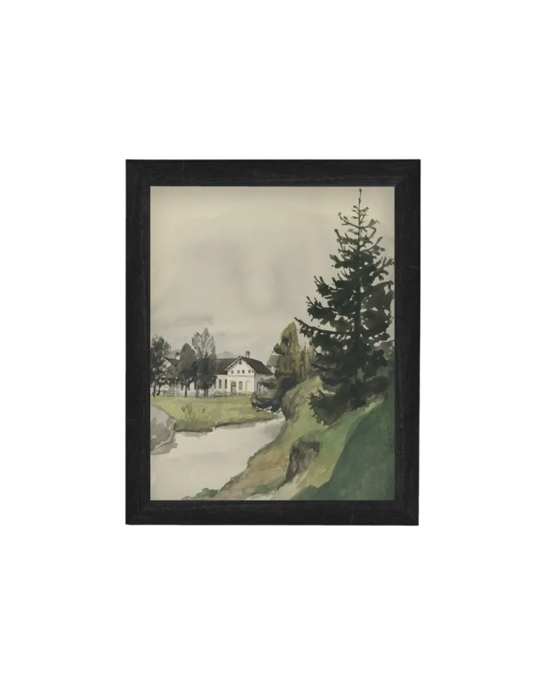 Muted Watercolor Lakeside Framed Antique Art: 7x9