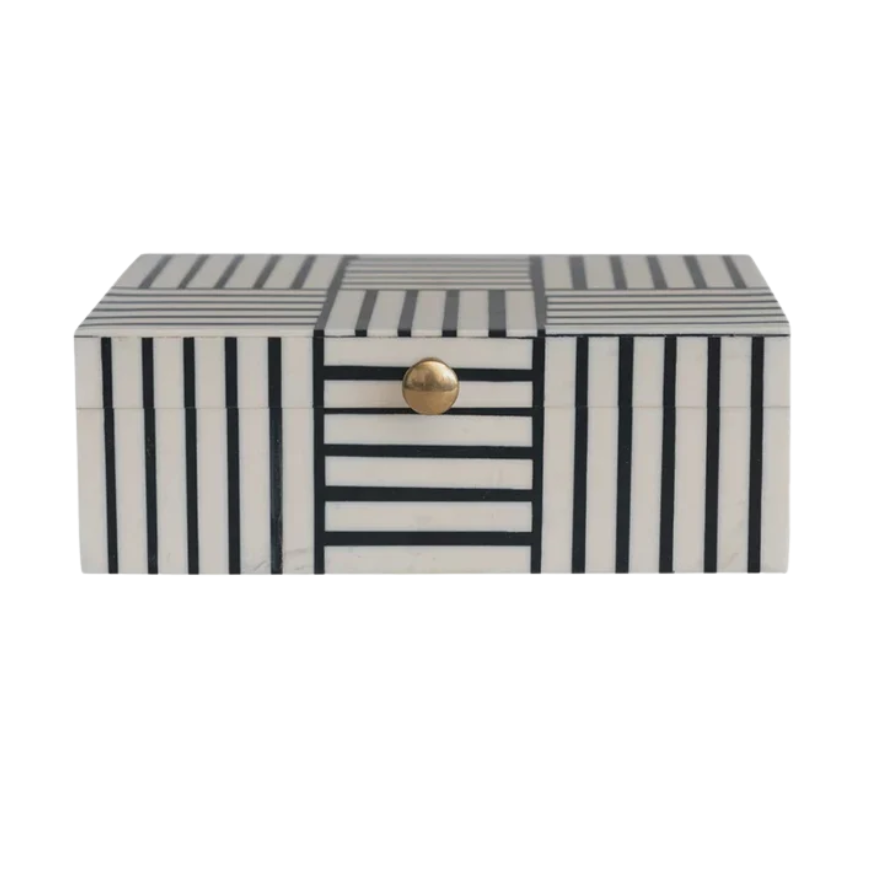 Resin Box With Striped Block Pattern & Gold Knob | Black & White