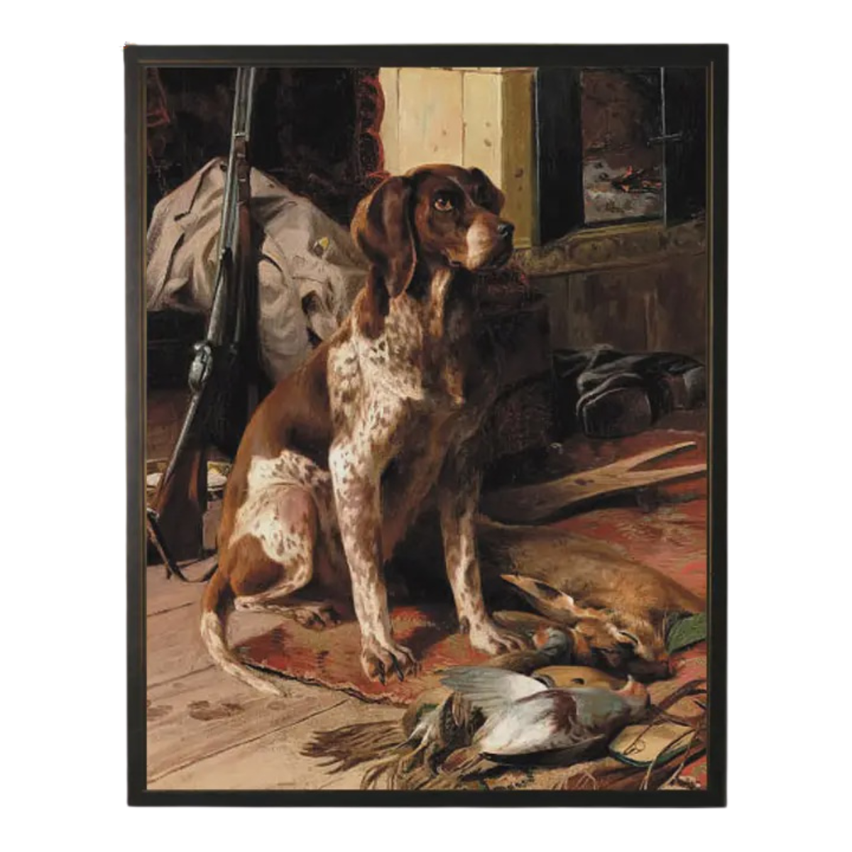8" x 10" Framed Vintage Hunting Dog & Bird Oil Painting